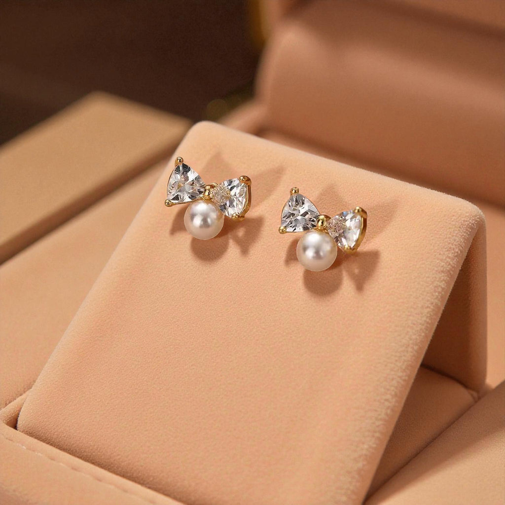 Ribbon Kiss Pearl Bow Stud Earrings