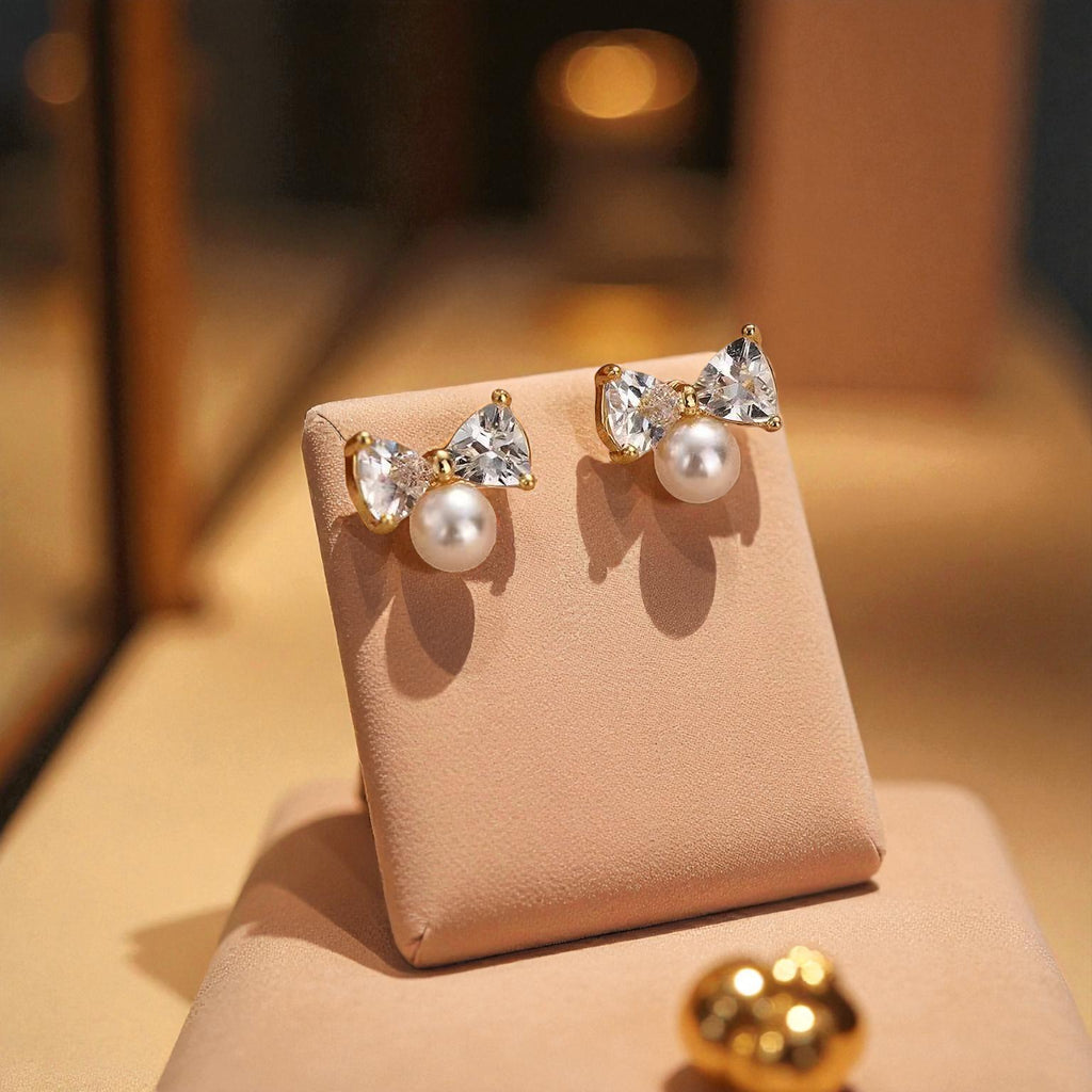 Ribbon Kiss Pearl Bow Stud Earrings